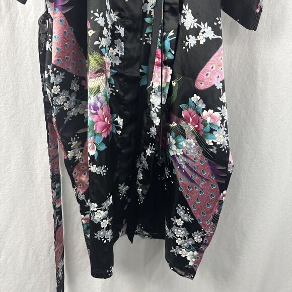 Sam Well Black Floral Peacock Belted Satin Kimono Robe Womens OSFM - Picture 5 of 14